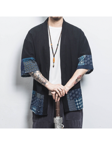 Chemise Kimono Noir à Imprimé Bleu