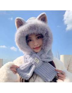 Bonnet Écharpe Kawaii Gris avec Oreilles de Chat